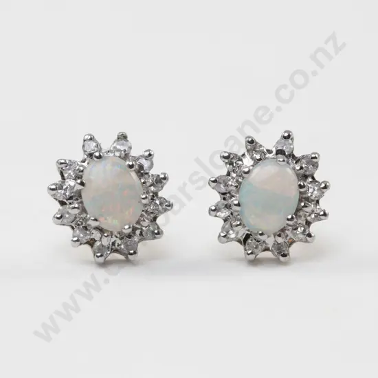 Pair 9ct White and Yellow Gold Diamond and Opal Cluster Stud Earrings