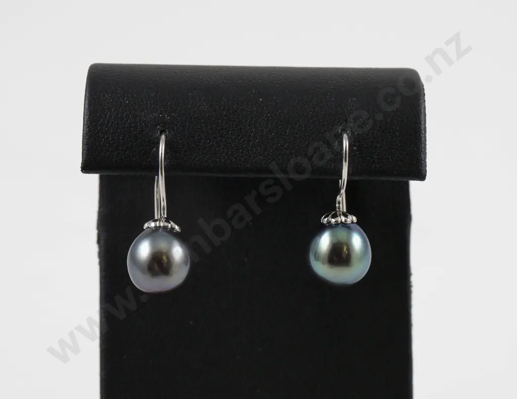 Pair S/S Single Cultured Black Pearl Pendant Drop Earrings Image 1++