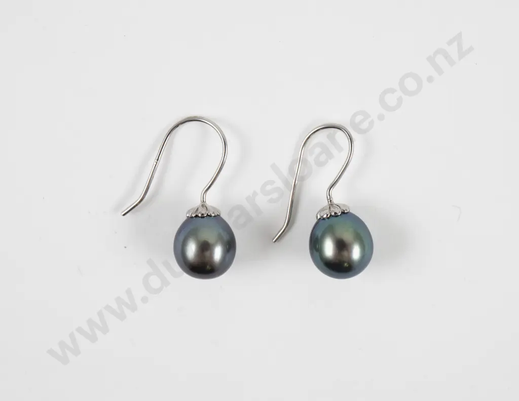 Pair S/S Single Cultured Black Pearl Pendant Drop Earrings Image 1++