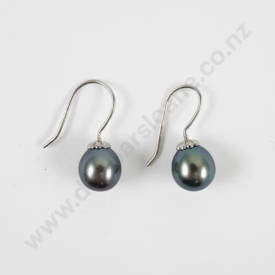 Pair S/S Single Cultured Black Pearl Pendant Drop Earrings