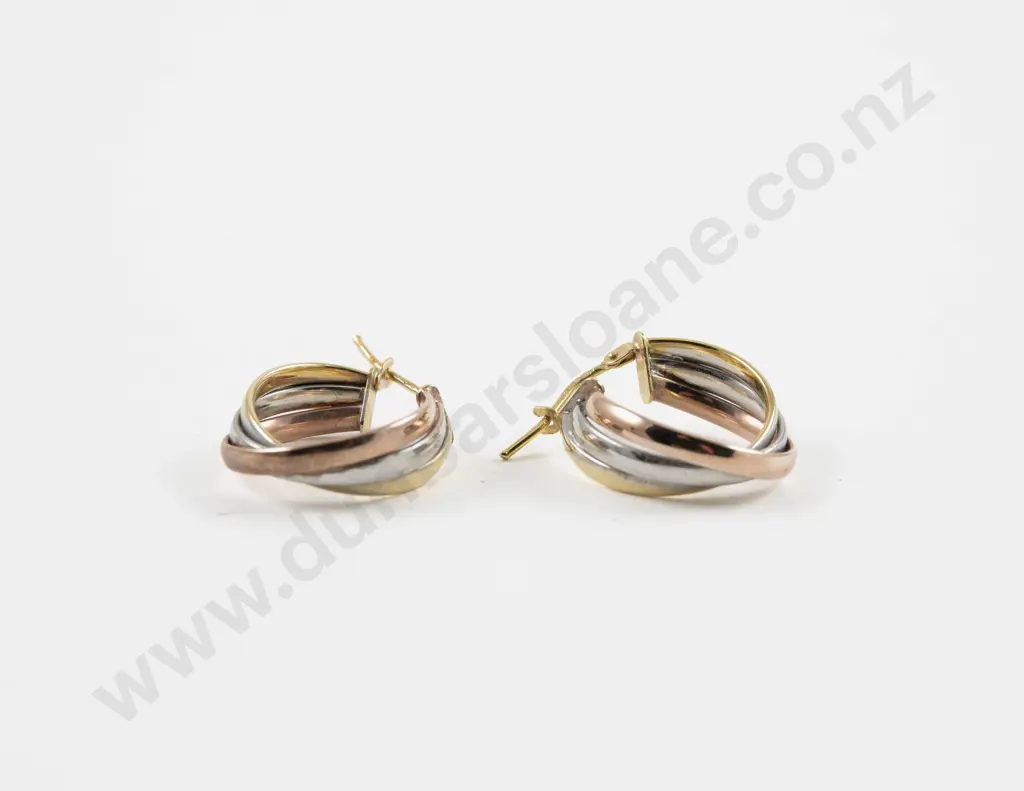 Pair 9ct Tri-Colour Twist Hoop Earrings Image 1++