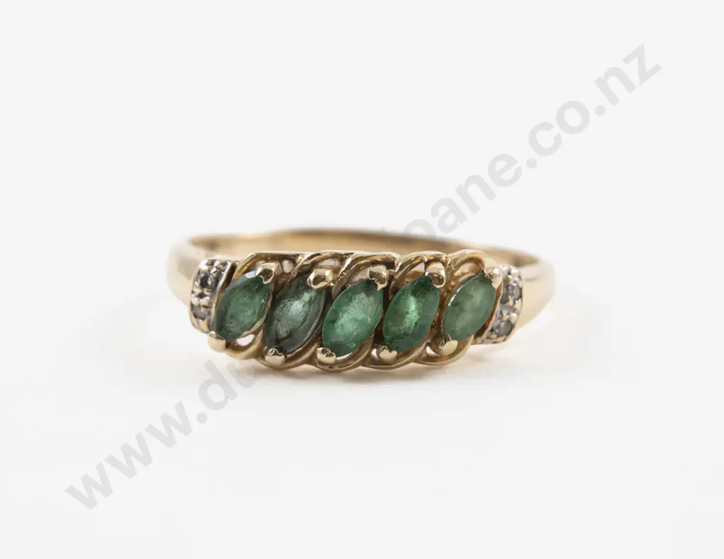 14ct Nine Stone Diamond and Emerald Bridge Ring Image 1++