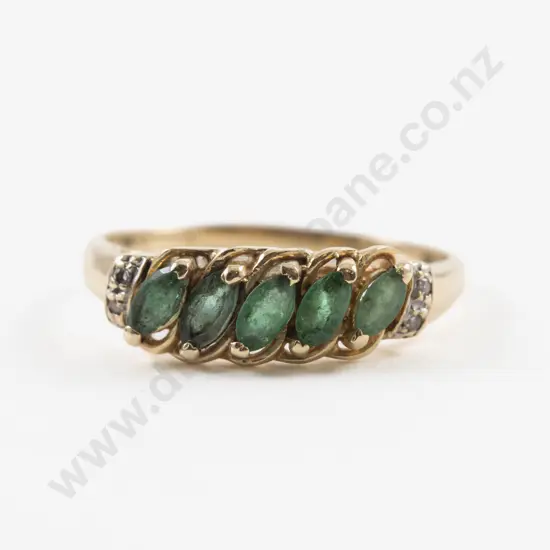 14ct Nine Stone Diamond and Emerald Bridge Ring