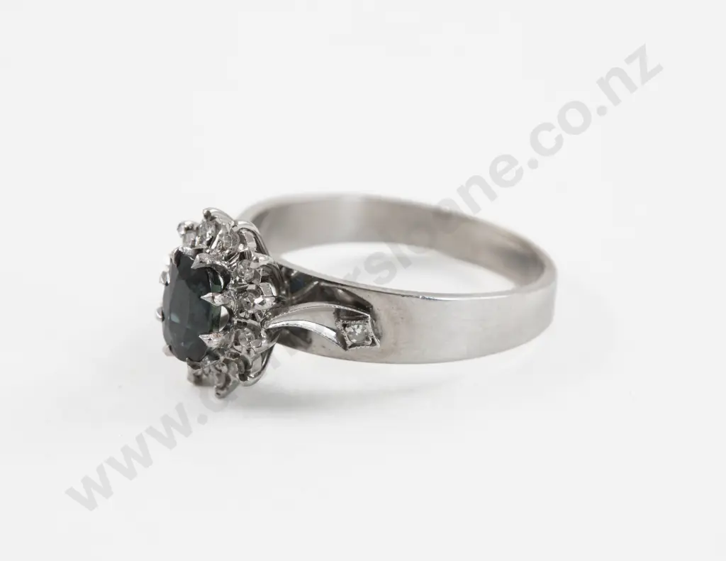 18ct White Gold 13Stone Diamond and Sapphire Cluster Ring Image 1++