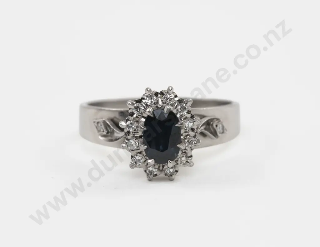 18ct White Gold 13Stone Diamond and Sapphire Cluster Ring Image 1++