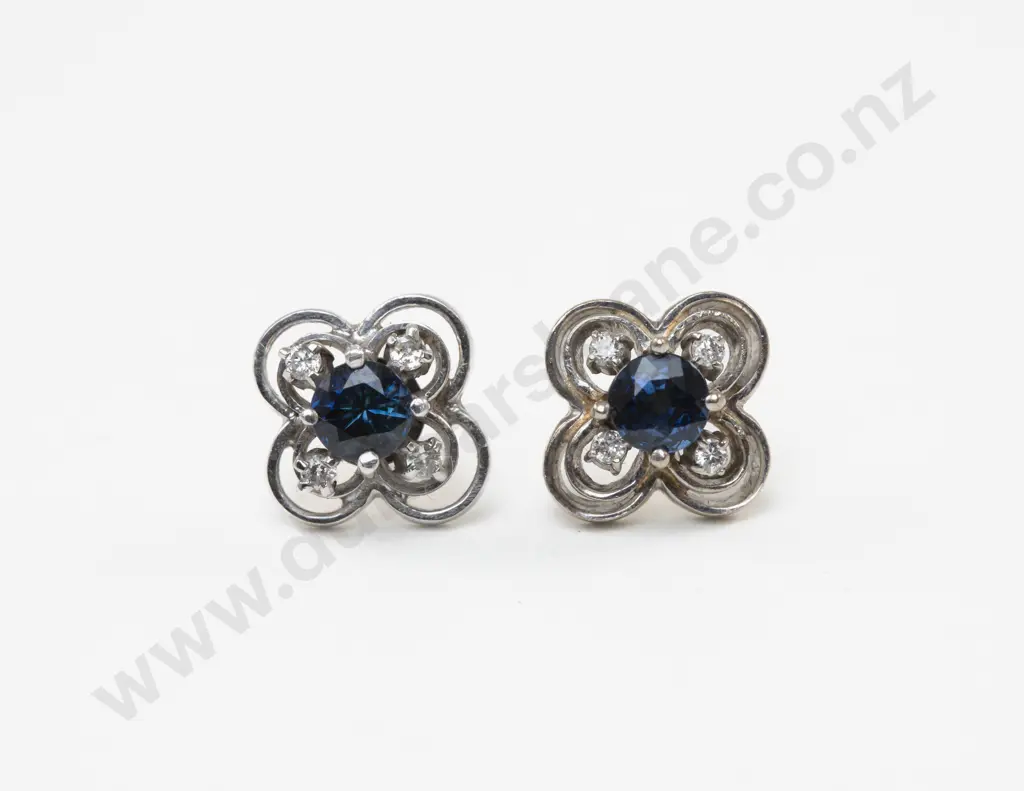 Pair 9ct White Gold Five Stone Diamond and Sapphire Floret Stud Earrings Image 1++