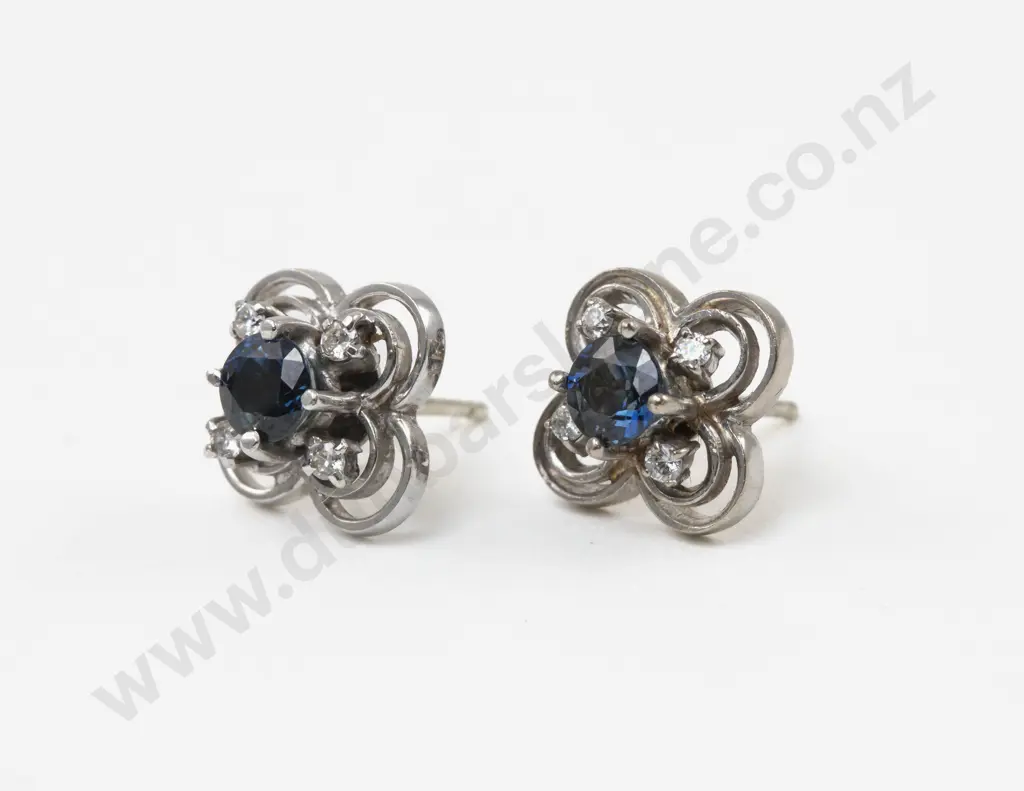 Pair 9ct White Gold Five Stone Diamond and Sapphire Floret Stud Earrings Image 1++