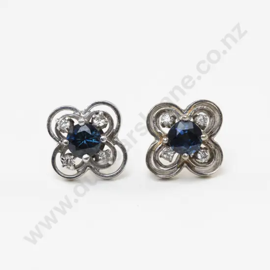 Pair 9ct White Gold Five Stone Diamond and Sapphire Floret Stud Earrings