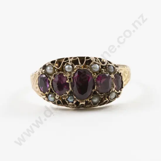 Victorian 9ct 13Stone Amethyst and Seed Pearl Ring