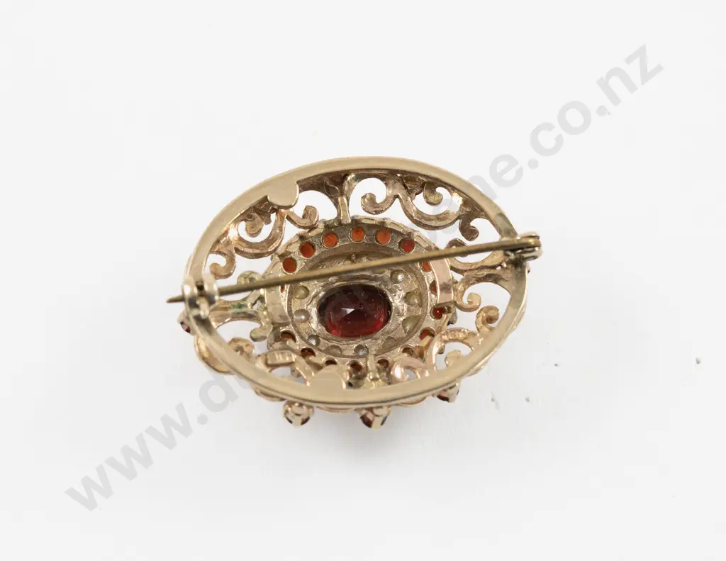 Victorian 9ct Garnet and Seed Pearl Brooch Image 1++
