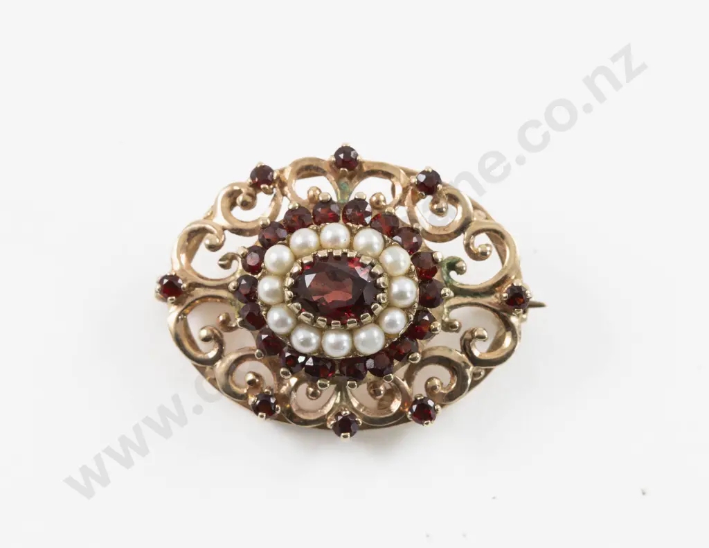 Victorian 9ct Garnet and Seed Pearl Brooch Image 1++