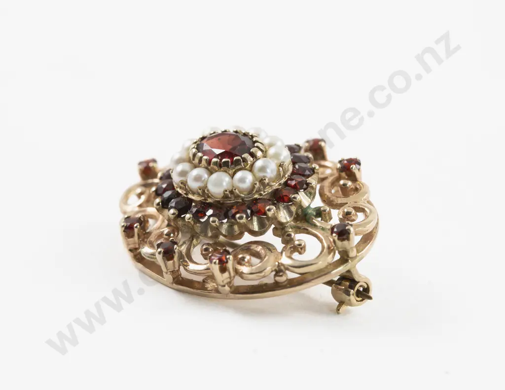 Victorian 9ct Garnet and Seed Pearl Brooch Image 1++