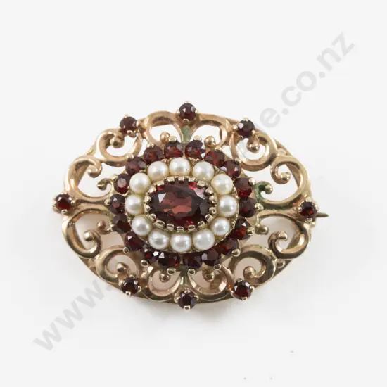 Victorian 9ct Garnet and Seed Pearl Brooch