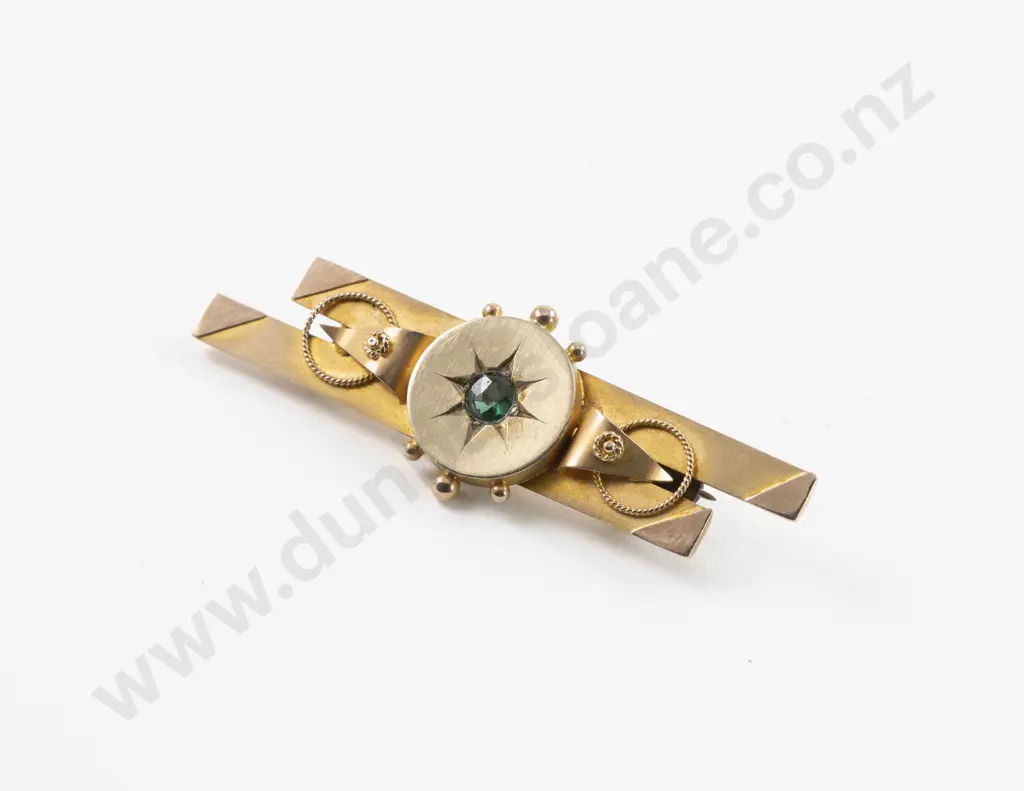 Victorian 9ct Single Stone Emerald Double Bar Brooch Image 1++