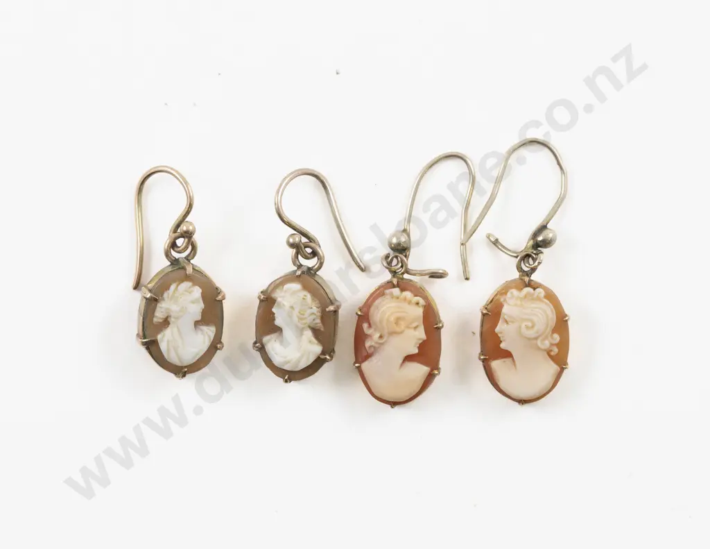 Two Pairs 9ct Mounted Classical Portrait Cameo Pendant Drop Earrings Image 1++