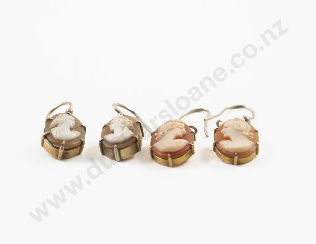 Two Pairs 9ct Mounted Classical Portrait Cameo Pendant Drop Earrings Image 1++
