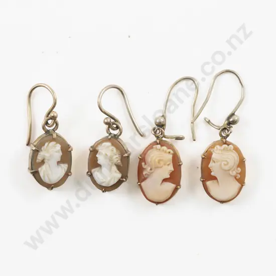 Two Pairs 9ct Mounted Classical Portrait Cameo Pendant Drop Earrings