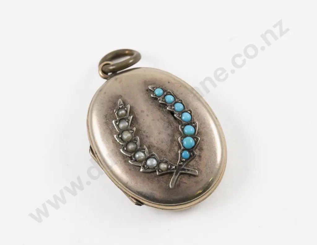 Victorian Gold Plated Seed Pearl and Turquoise Photo Locket Pendant Image 1++