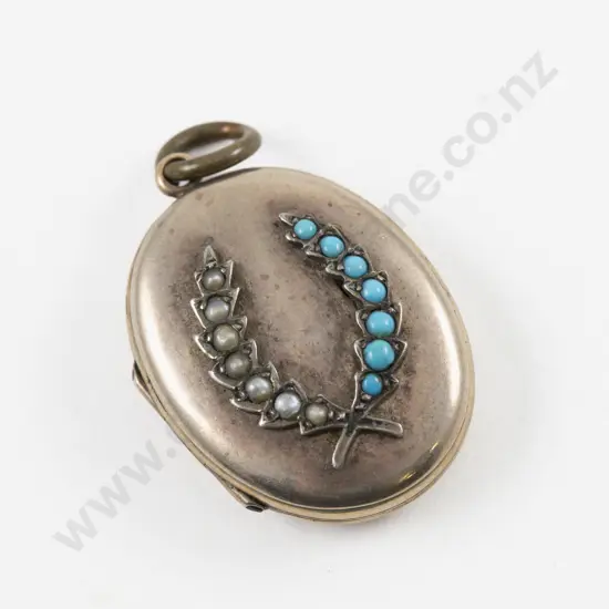 Victorian Gold Plated Seed Pearl and Turquoise Photo Locket Pendant