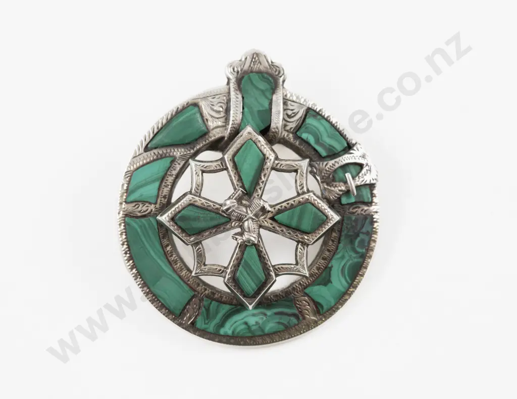 Victorian S/S Malachite Circular Scottish Brooch Image 1++