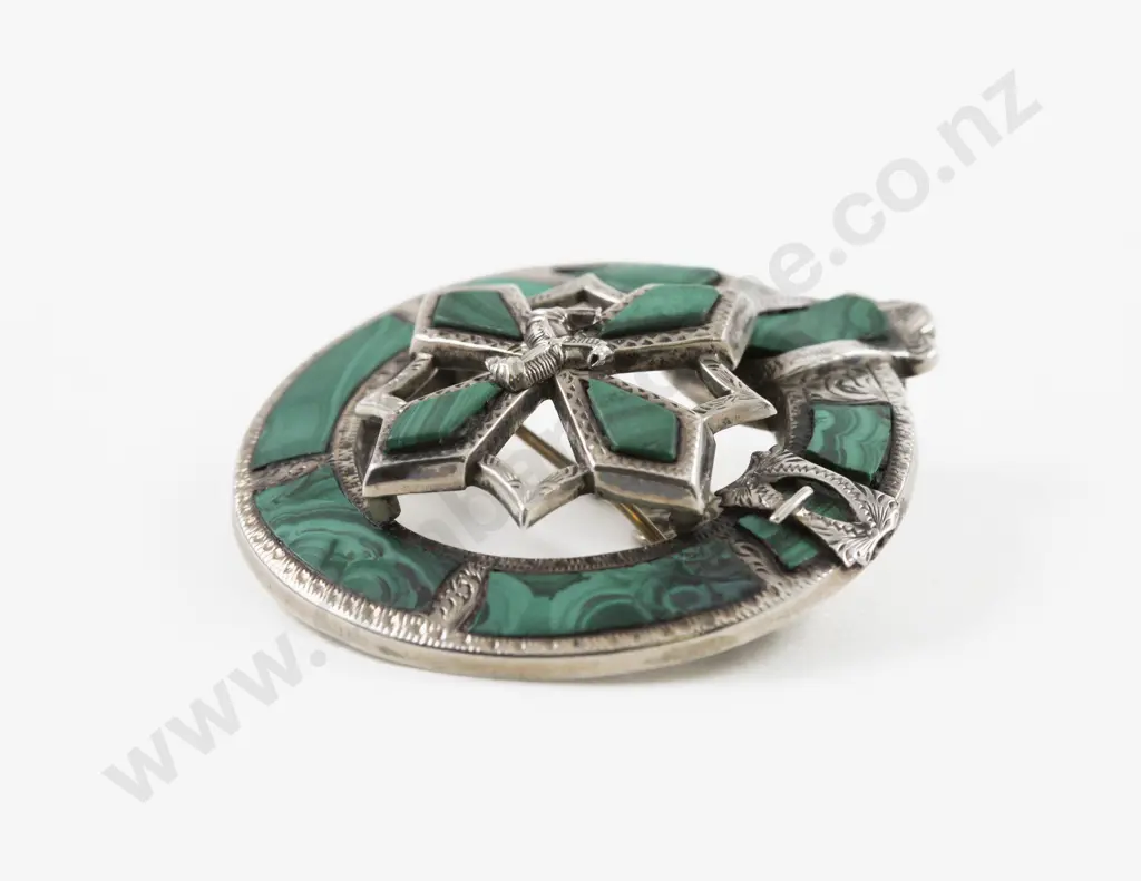 Victorian S/S Malachite Circular Scottish Brooch Image 1++