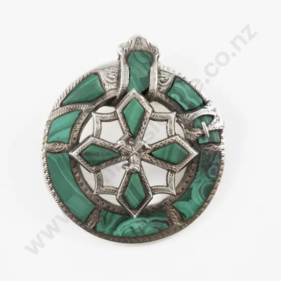 Victorian S/S Malachite Circular Scottish Brooch