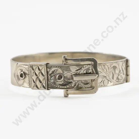 Vintage S/S Half Engraved Belt Buckle Hinged Snap Bangle