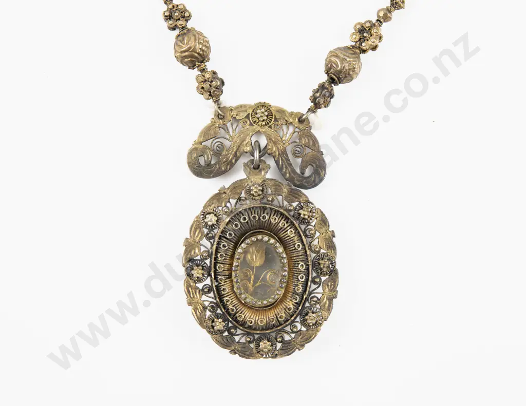 Antique Philippines Tambourine Reliquary Silver Gilt Filigree Necklace and Pendant Image 1++