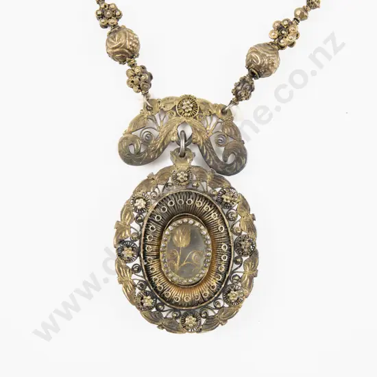Antique Philippines Tambourine Reliquary Silver Gilt Filigree Necklace and Pendant
