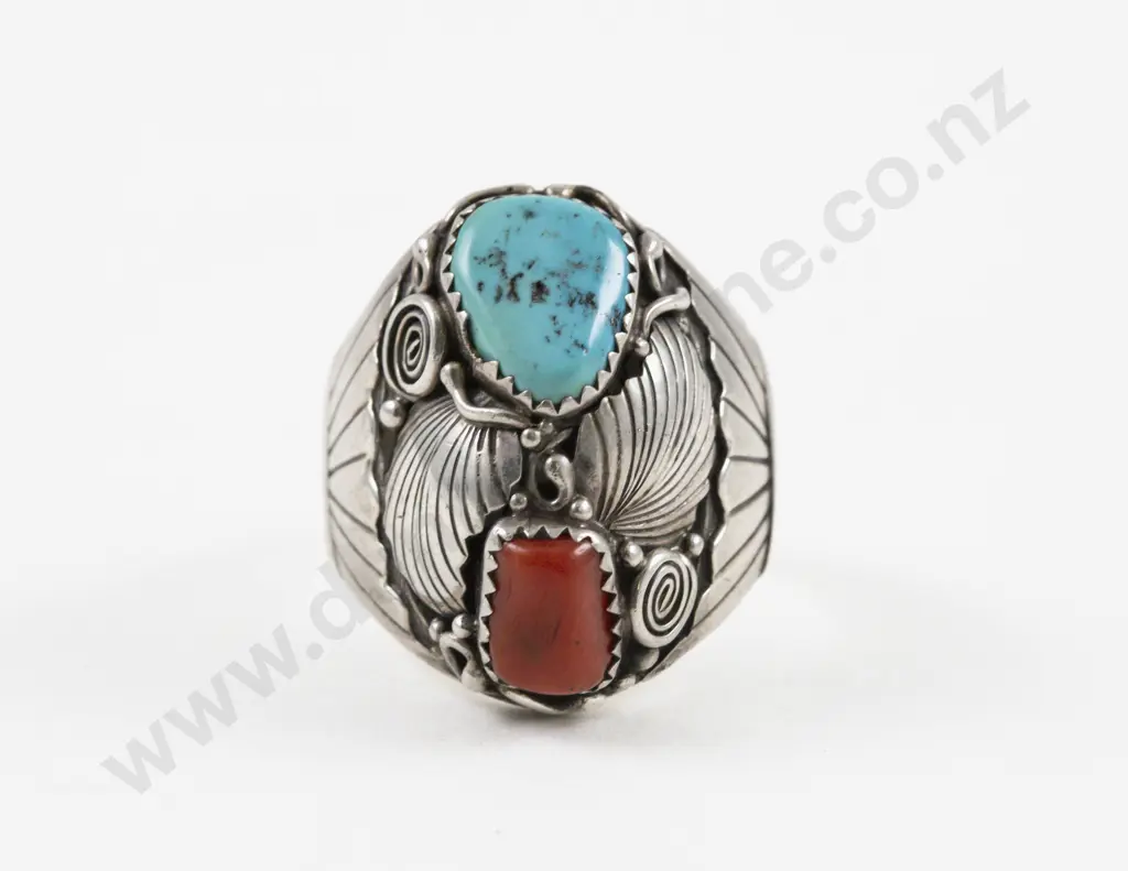 S/S Navajo Style Two Stone Turquoise and Coral Ring Image 1++
