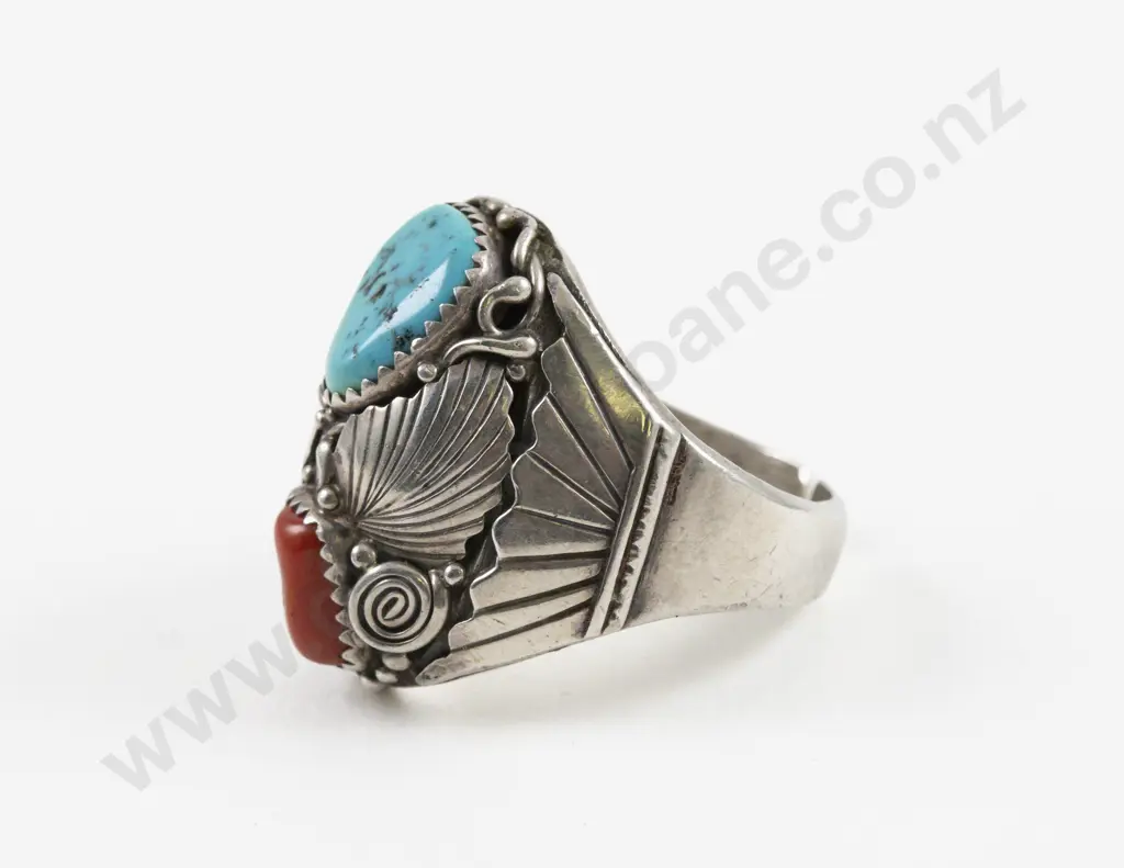 S/S Navajo Style Two Stone Turquoise and Coral Ring Image 1++