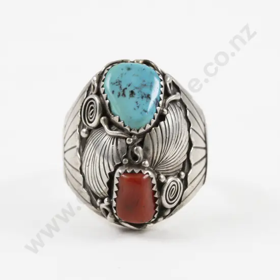 S/S Navajo Style Two Stone Turquoise and Coral Ring