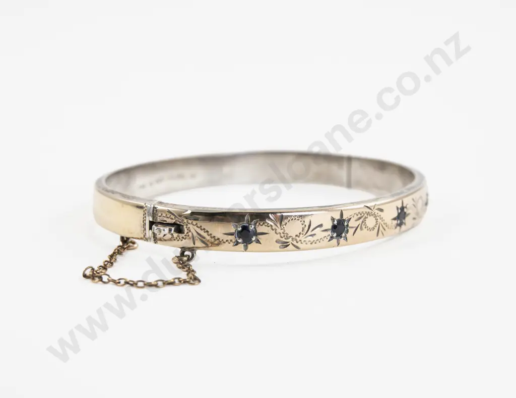 9ct on S/S Five Stone Sapphire Hinged Snap Bangle Image 1++