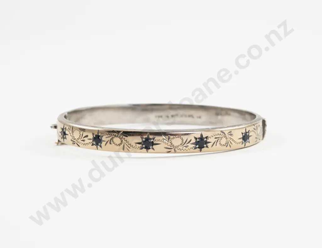 9ct on S/S Five Stone Sapphire Hinged Snap Bangle Image 1++