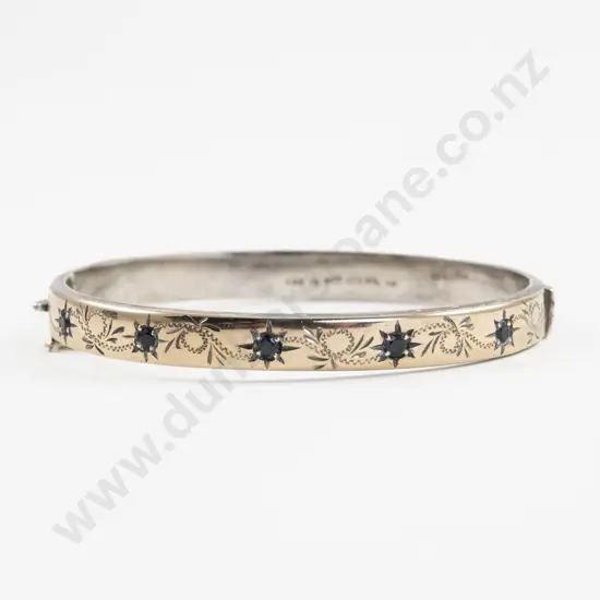 9ct on S/S Five Stone Sapphire Hinged Snap Bangle