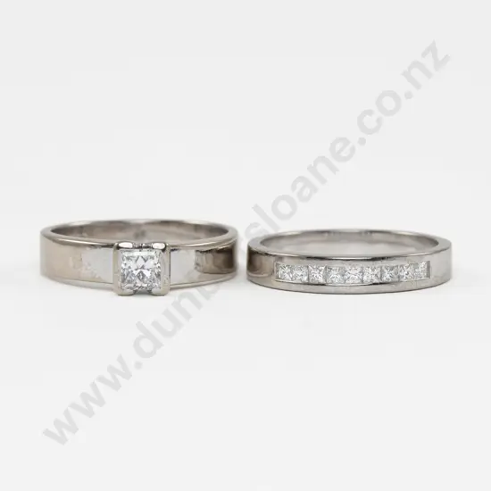 18ct White Gold Solitaire Diamond Ring and Wedding Band