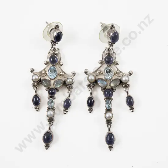 Shankari (Indonesia) Pair of Handmade S/S Semi Precious Gemstone Pendant Drop Earrings