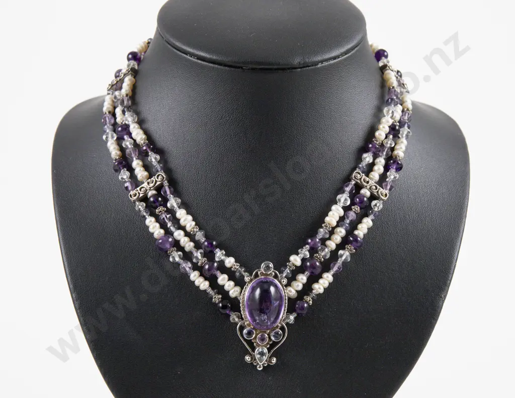 Shankari (Indonesia) 'Alchemist' Multi Strand S/S Fresh Water Pearl and Amethyst Necklace Image 1++