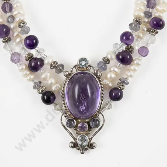 Shankari (Indonesia) 'Alchemist' Multi Strand S/S Fresh Water Pearl and Amethyst Necklace