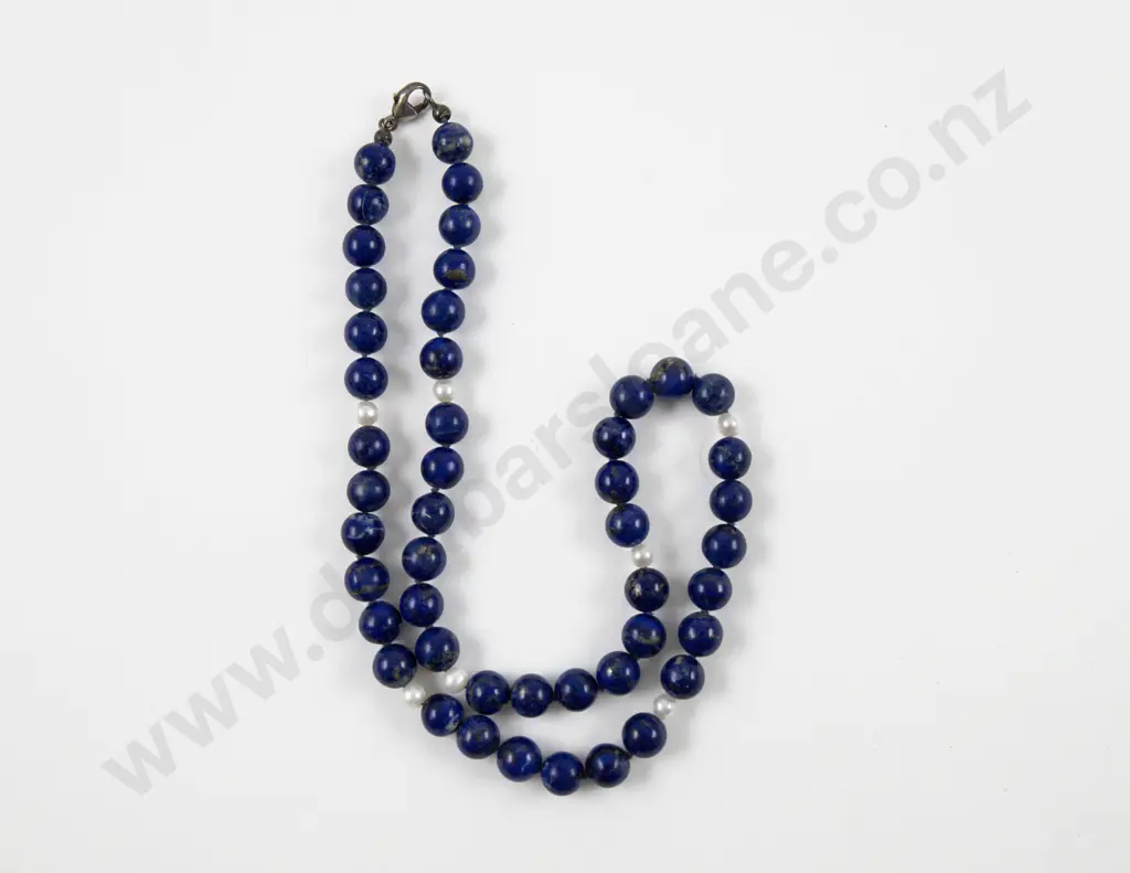 Single Strand Uniform Lapis Bead and Pearl Necklace Image 1++