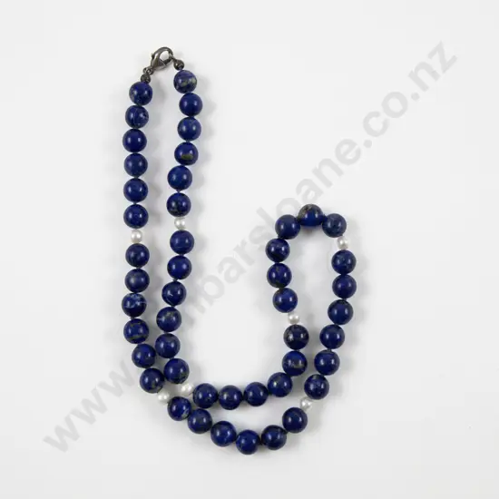 Single Strand Uniform Lapis Bead and Pearl Necklace