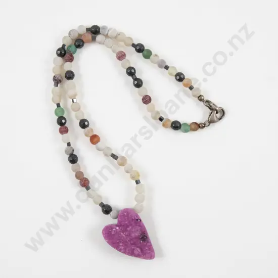 Single Strand Uniform Quartz Bead Necklace with Pink Crystal Heart Pendant