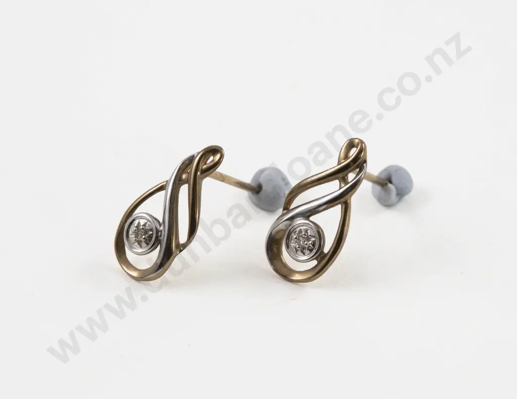 Pair 9ct Yellow and White Gold Single Stone Diamond Stud Earrings Image 1++