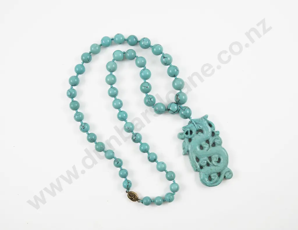 Chinese Carved Turquoise Bead Necklace with Dragon Pendant Image 1++