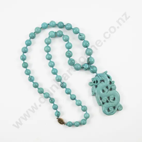 Chinese Carved Turquoise Bead Necklace with Dragon Pendant