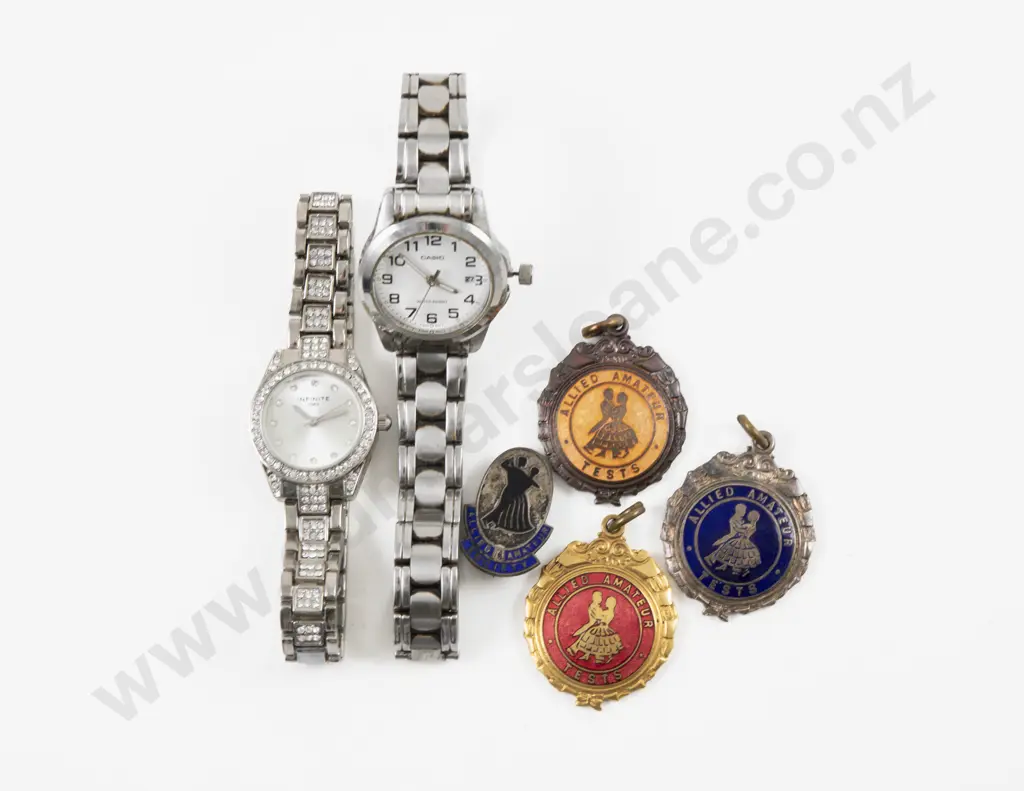Gold and Silver Plated Allied Amateur Test Dance Medals with Two Wrist Watches Image 1++