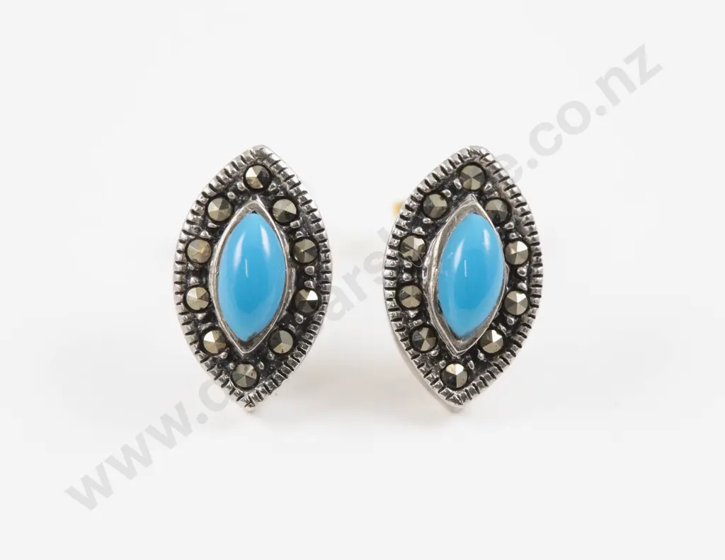 Pair S/S Single Turquoise and Marcasite Stud Earrings Image 1++