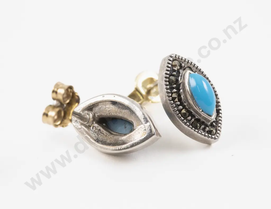 Pair S/S Single Turquoise and Marcasite Stud Earrings Image 1++