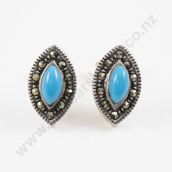 Pair S/S Single Turquoise and Marcasite Stud Earrings