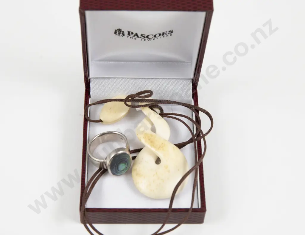 .925 Silver and Paua Ring with Carved Bone Pendant Image 1++